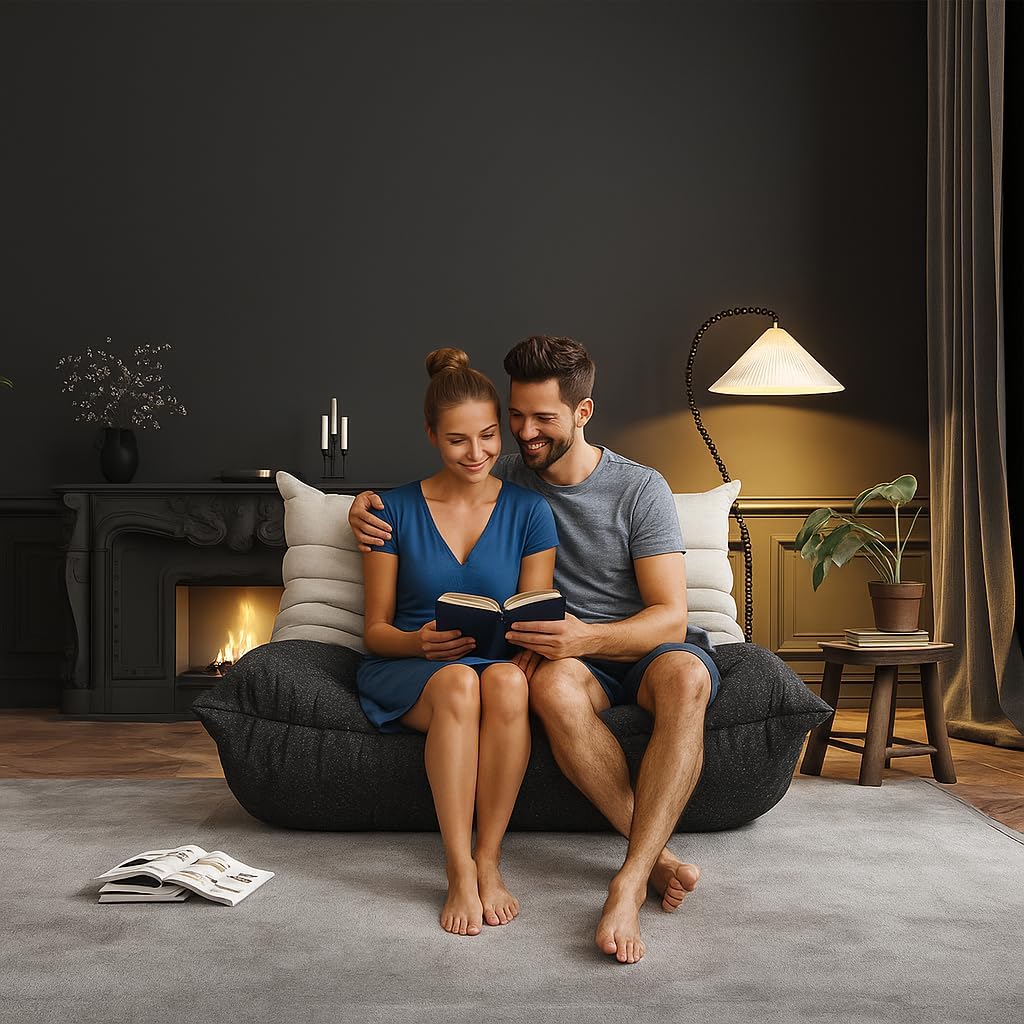 Bean Bag Chairs for Adults, Memory Foam Couch Loveseat Sofa Chair, Soft Teddy Material Cozy Comfy Reading Nook Chairs, Floor Chair for Living Room Bedroom Office(Black-White)