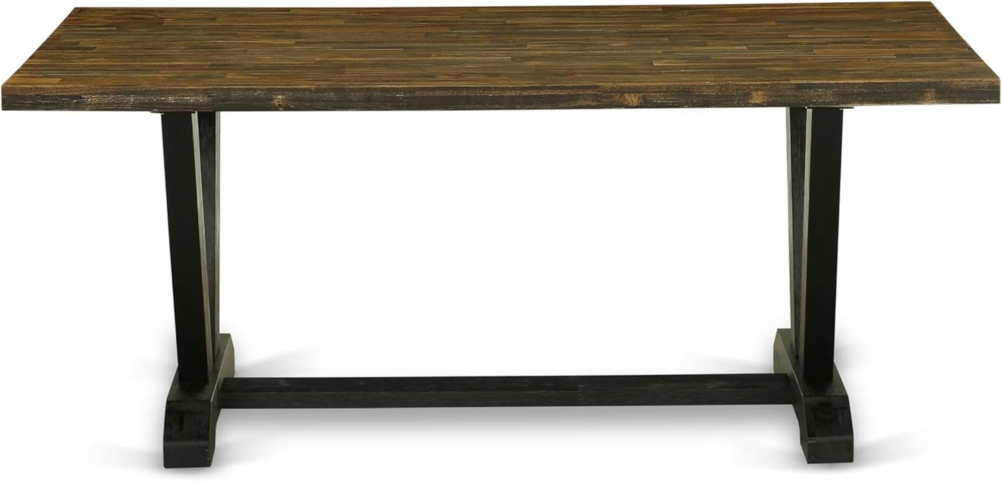 East West Furniture V677EL121-6 6 Piece Modern Dining Table Set Contains a Rectangle Wooden Table with V-Legs and 4 Blue Linen Fabric Parson Chairs with a Bench, 40x72 Inch, Multi-Color