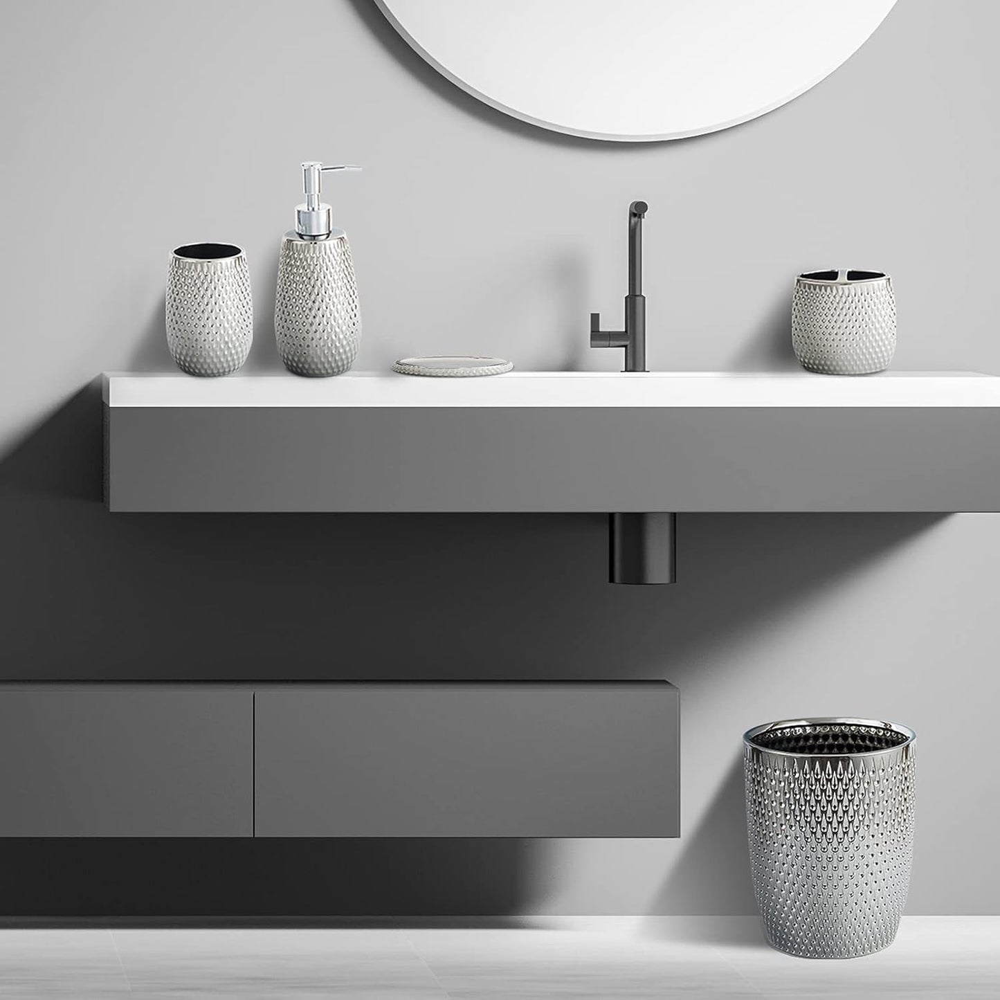 Modern Round Silver Small Trash Can Wastebasket, Garbage Container Bin for Bathrooms, Powder Rooms, Kitchens, Home Offices - Durable Ceramics - Round