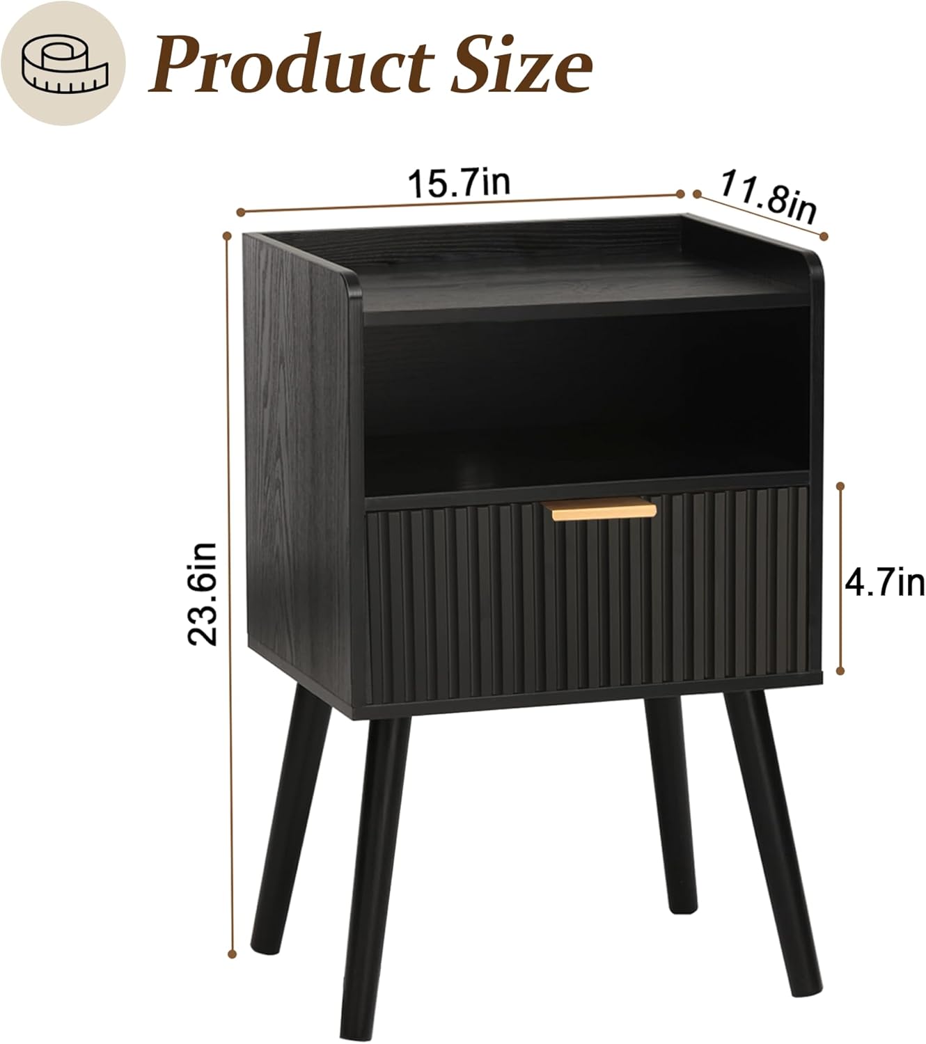 AWASEN Black Fluted Nightstand, Modern Bedside Table with Storage Drawers, Small Night Stand Bed Side Table with Solid Wood for Living Room, Bedroom, Office and Small Space (Black)