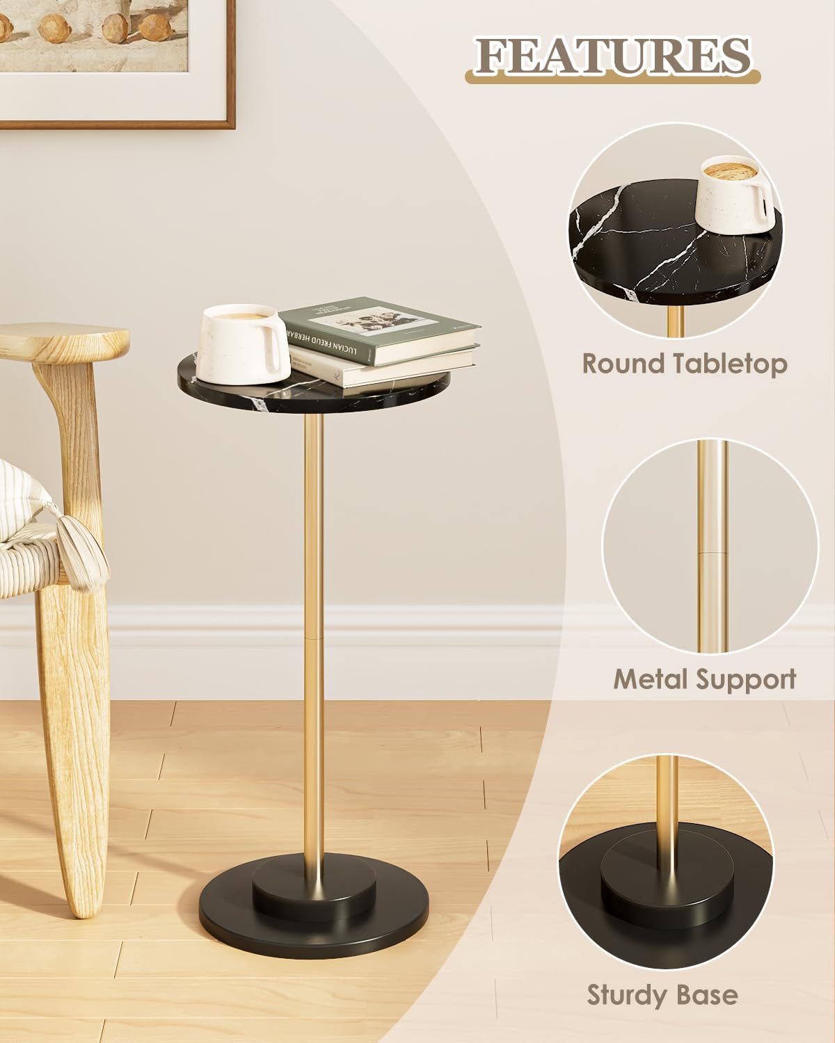 Round Side Table, Small Drink Table for Small Spaces, Modern Accent End Table Coffee Table with Metal Leg for Living Room, Bedroom, Corners, and Office (Black Marble)