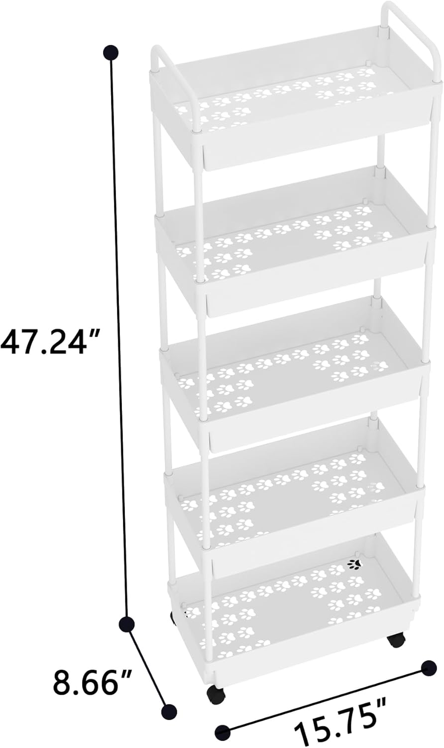 5-Tier Storage Cart,Shelf Organizer Mobile Shelving ,Utility Rolling Cart,Multifunction Movable Storage Organizer with Lockable Wheels,White