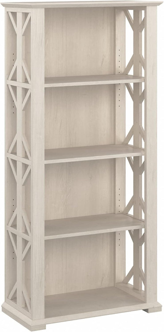 Bush Furniture Homestead 4 Shelf Farmhouse Bookcase in Linen White Oak, Vertical Office Organizer, Home Shelving Unit for Books and Decor, Bookshelf