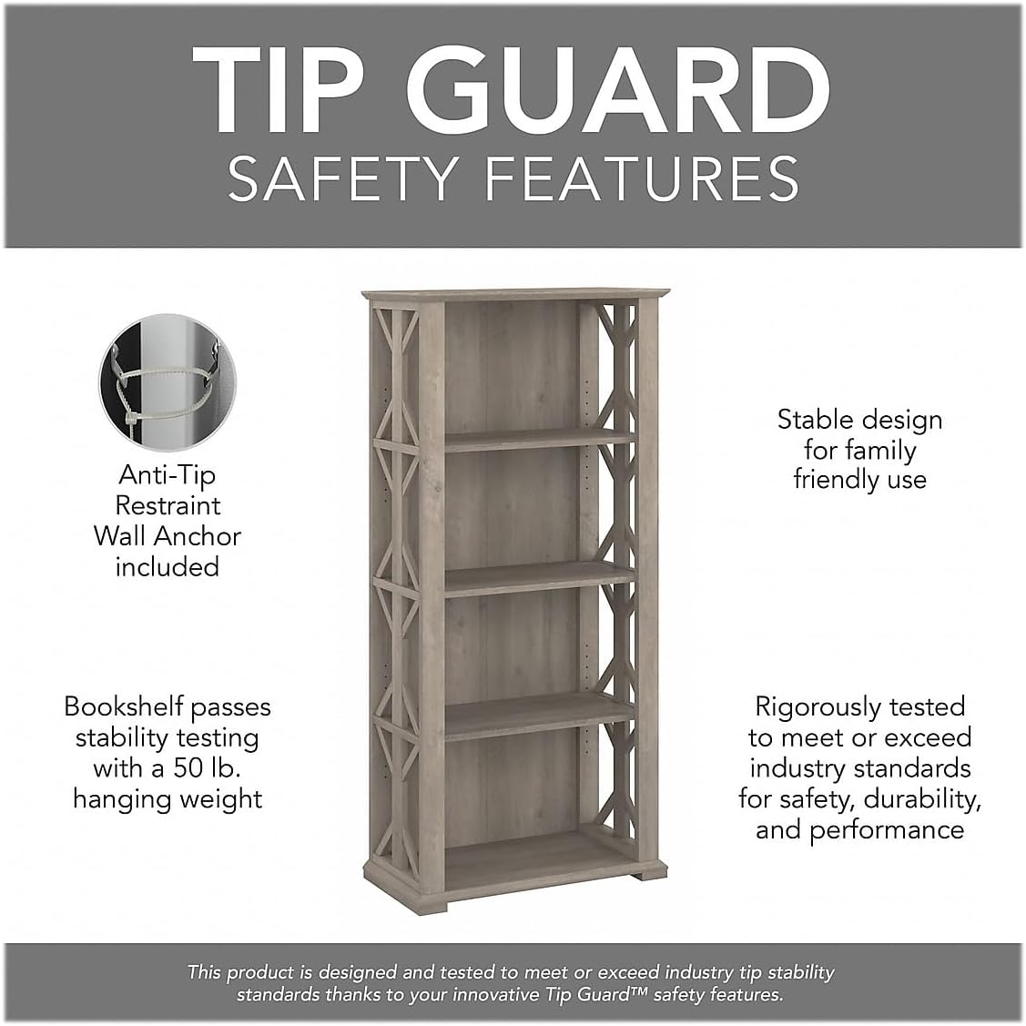 Bush Furniture Homestead 4 Shelf Farmhouse Bookcase in Driftwood Gray, Vertical Office Organizer, Home Shelving Unit for Books and Decor, Bookshelf