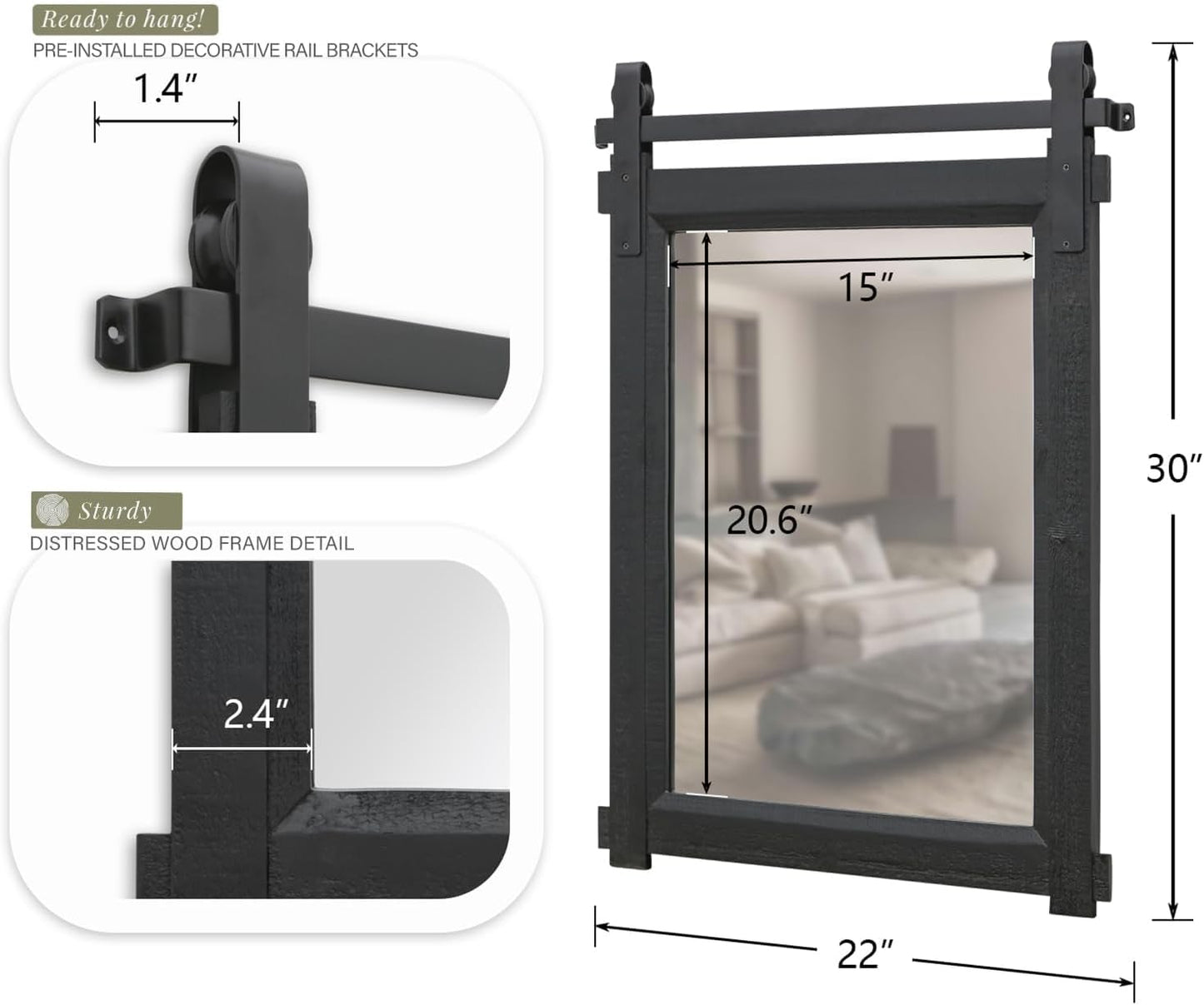 Farmhouse Barn Door Mirror: 22"x30" Black Rustic Wood Frame Mirror for Wall - Home Decor for Entryway/Bathroom/Living Room