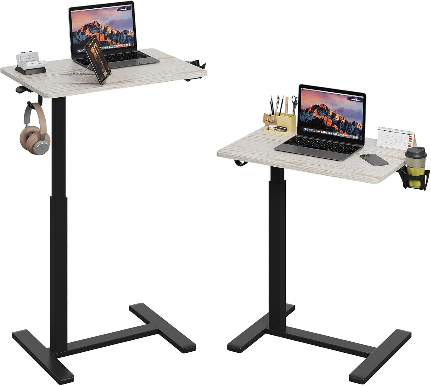 Gas Spring Adjustable Height Rolling Portable Laptop Desk, Mobile Standing Desk on Wheels, Small Sit Stand Desk with Laptop Stand/Cup Holder/Hook (Oak Top + Black Frame, 26"x19")