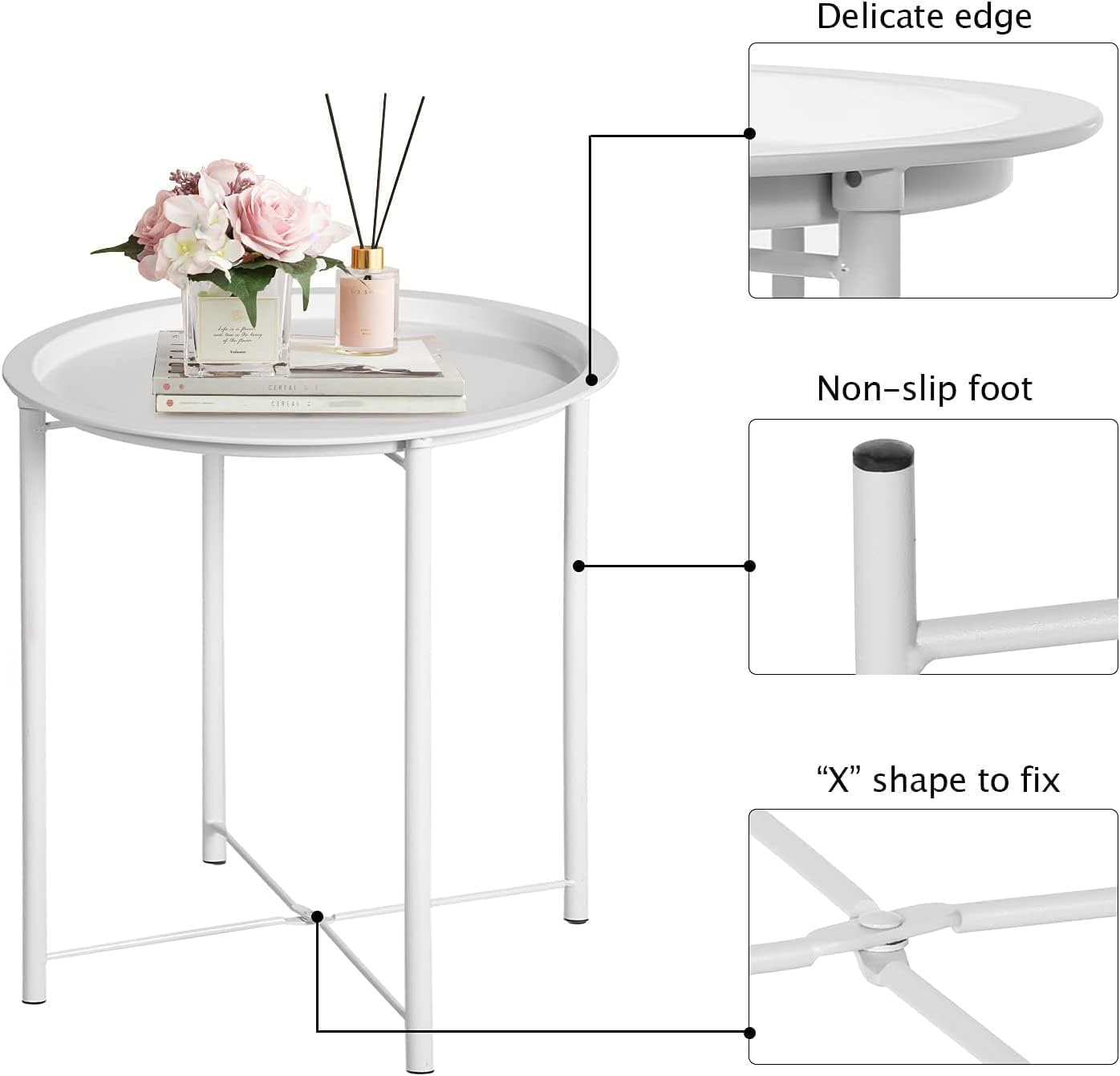 VECELO Side/End Table, Folding Round Metal Anti-Rust and Waterproof Outdoor or Indoor Tray for Living Room Bedroom Balcony and Office, 1 PCS, Beige