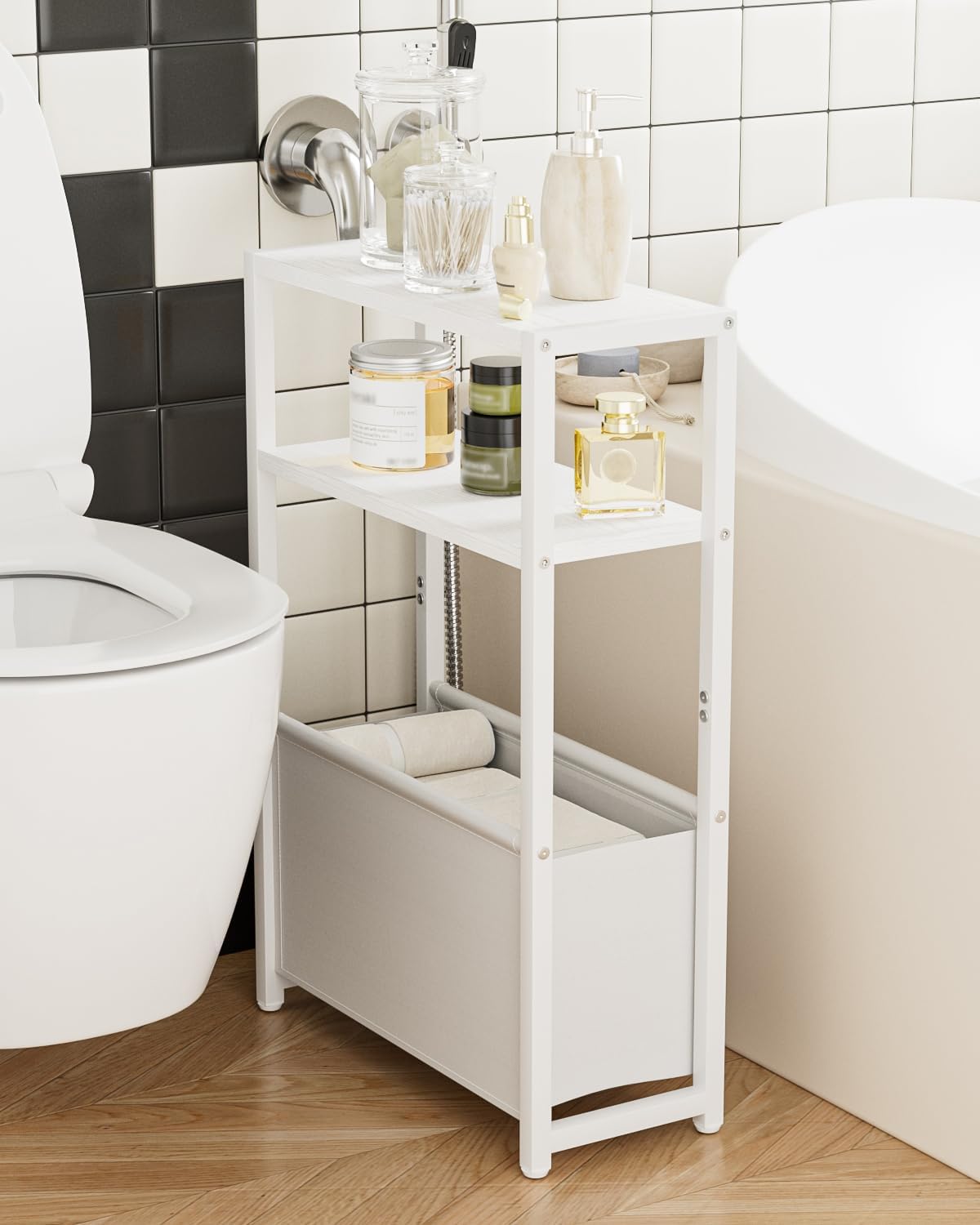 Narrow Side Table, 3-Tier Side Table with Storage Bag, Narrow Nightstand for Small Spaces, Bedside Table for Living Room, Bedroom, White