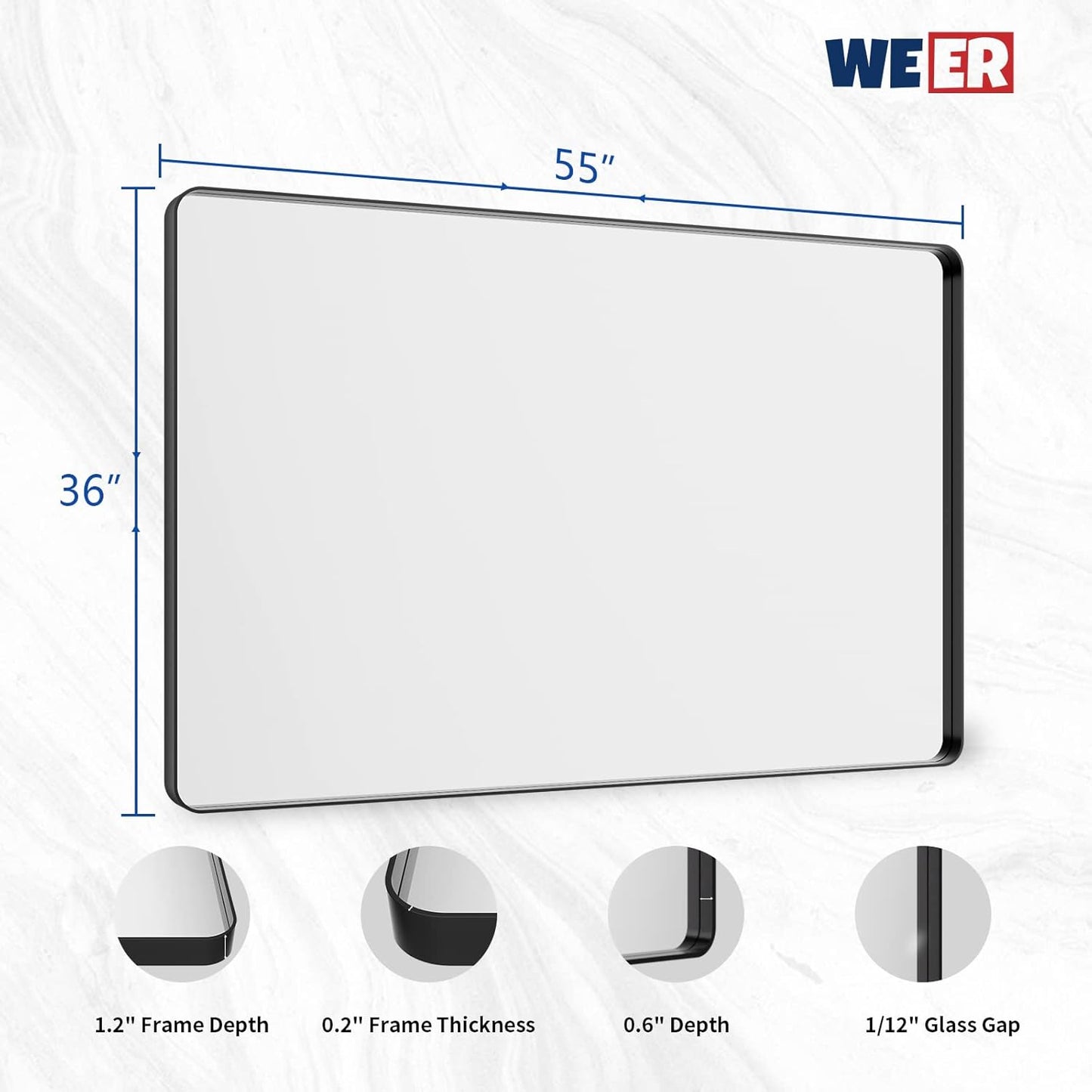 WEER 55X36 Inch Black Metal Framed Bathroom Mirror, Black Bathroom Vanity Mirror Farmhouse, Rounded Rectangular Matte Black Wall Mirrors, Tempered Glass, Anti-Rust (Horizontal/Vertical)