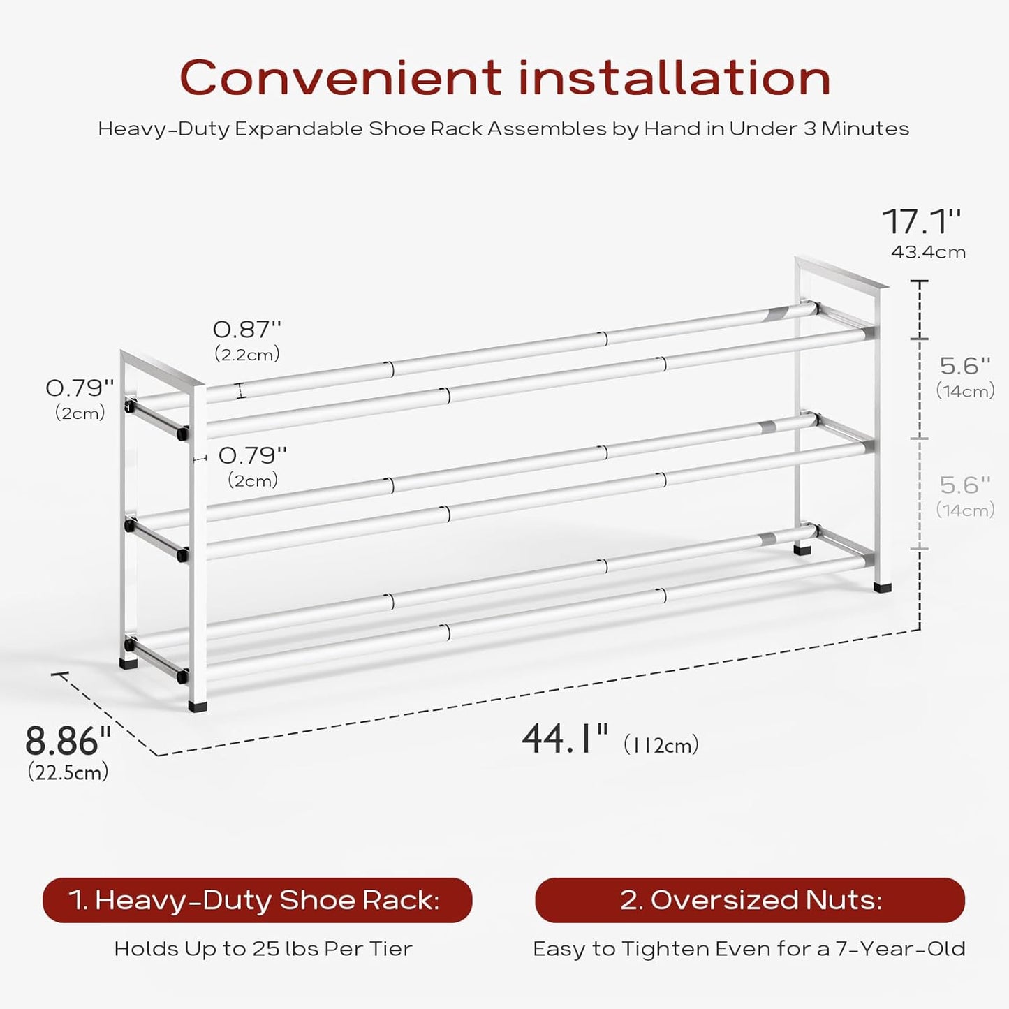 Bumusty 3-Tier Long Expandable Shoe Rack for Closet, 18"-44" Adjustable Shoe Rack for Entryway, 15-18 Pairs Large Shoe Organizer Shelf Storage, Sturdy Metal, White