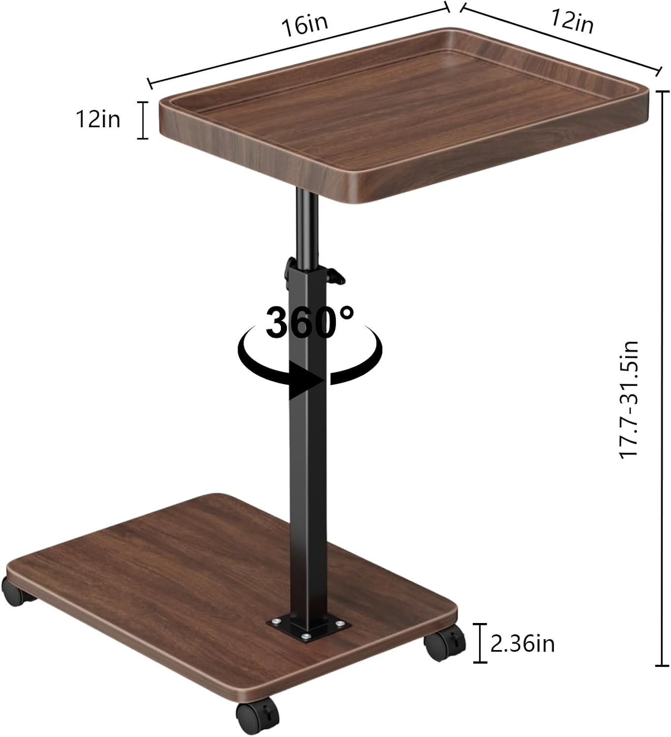 C Table End Table Adjustable Height, 360°Swivel TV Tray Table for Small Spaces, Couch Tables That Slide Under, C Shaped Side Tables with Wheels for Living Room and Bedroom, Bed