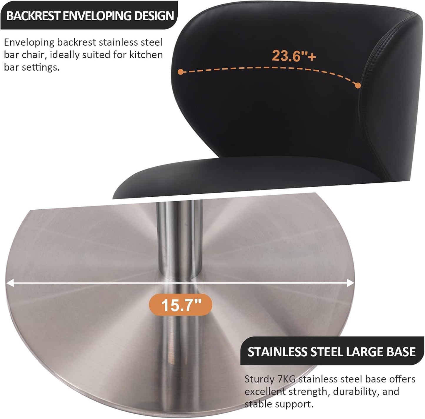 RAINMOOD Bar Stools,Adjustable Stainless Steel Swivel Barstools,Faux Leather Upholstered Bar Chair with Back and Footrest, for Bar, Kitchen Counter, Dining Room