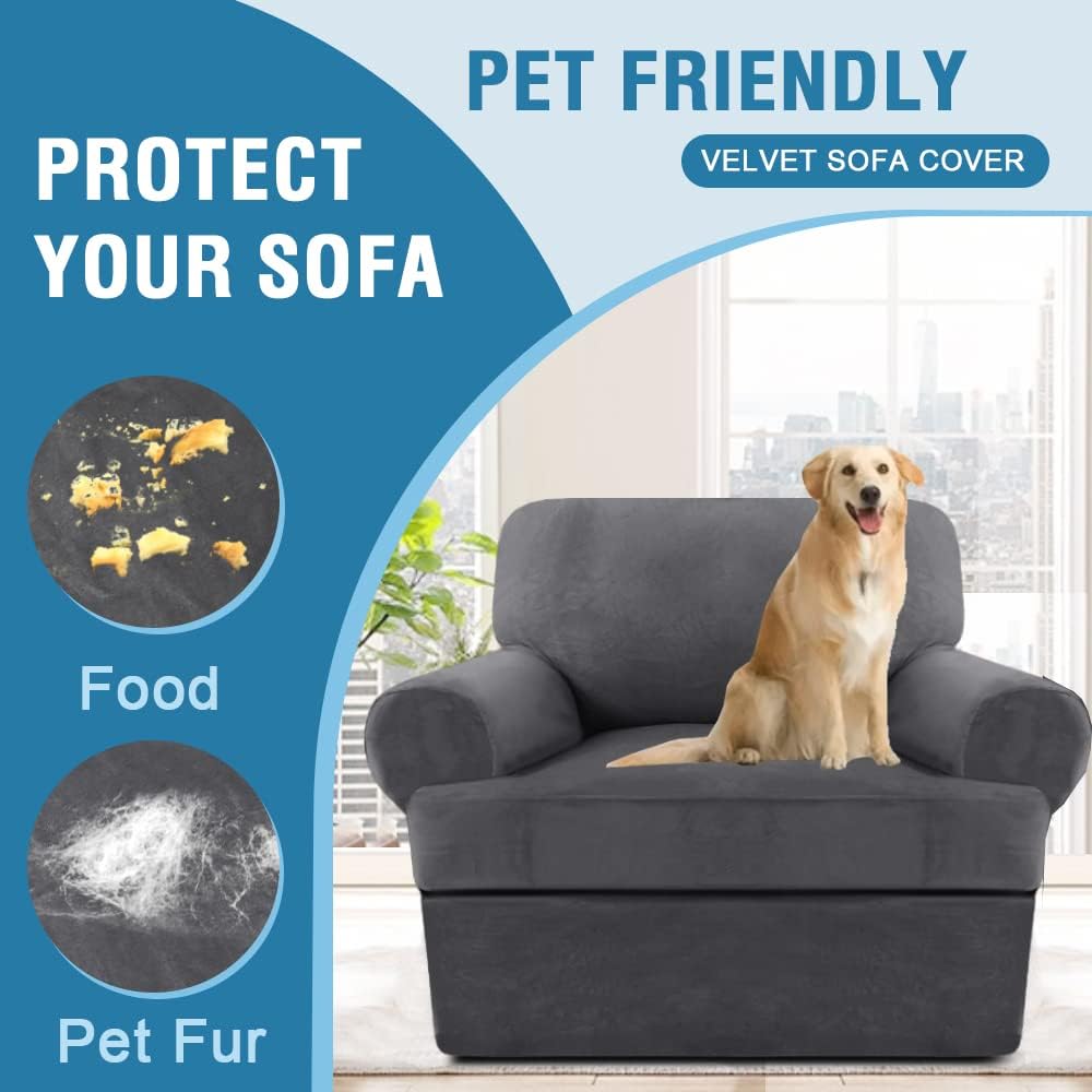 H.VERSAILTEX Sofa Cover 2 Piece T Cushion Armchair Slipcovers Thick Velvet Couch Cover Furniture Protector Stretch T Cushion Sofa Covers for 1 Cushion Couch with 1 Individual T Cushion Covers, Grey