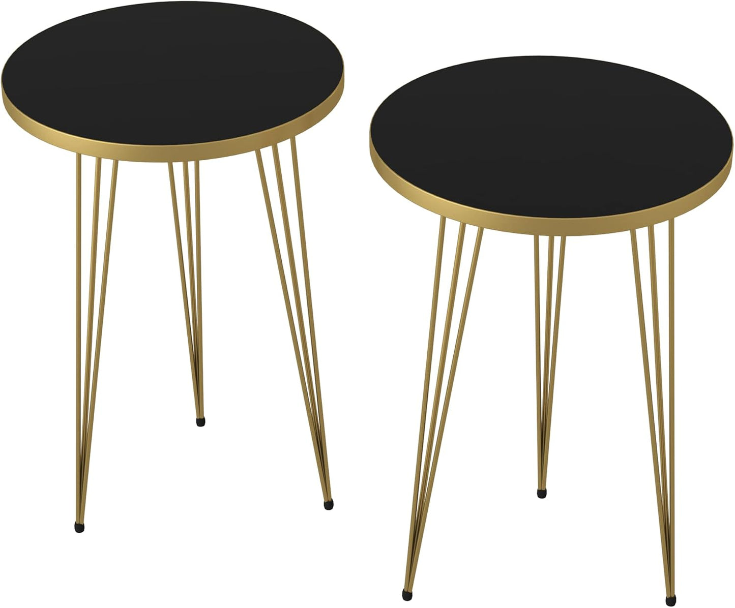 PAK HOME Set of 2 End Tables Round Wood Sofa Side Coffee Tables for Small Spaces, Nightstand Bedside Table with Metal Legs for Bedroom, Living Room, Office, Balcony (Black High Gloss)