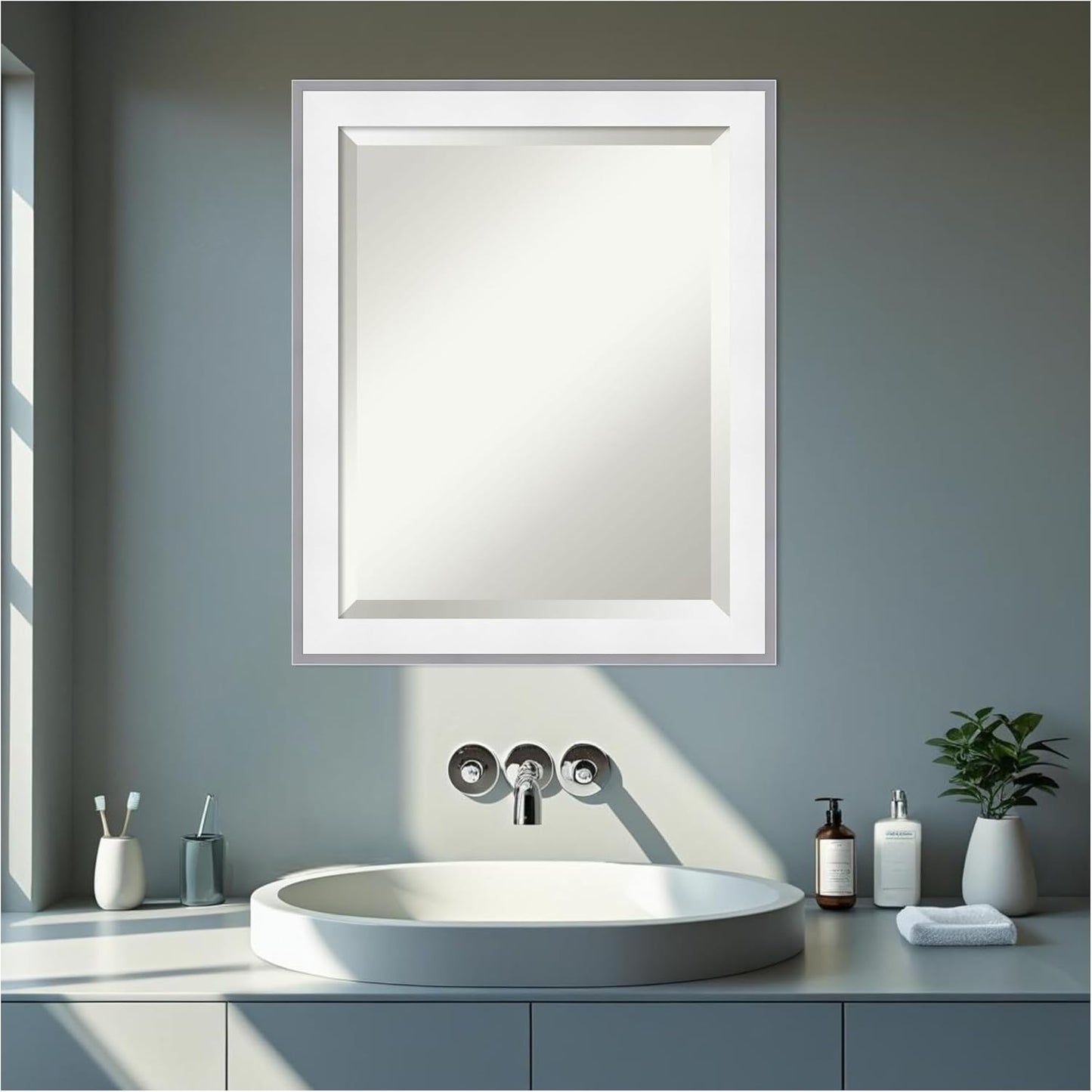 Amanti Art Bathroom Mirror for Over Sink, 23x19 Maya White Silver Rectangle Vanity Mirror, Small Modern Contemporary Frame, Hangs Horizonally and Vertically, Bathroom Wall Decor, Beveled Edge
