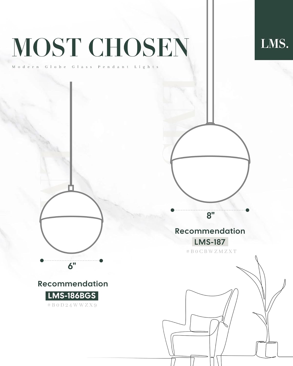 LMS Mid Century Pendant Lights, Brushed Gold Kitchen Island Light Fixtures with White Globe Glass Shade, Adjustable Hanging Cord, 2-Pack for Home Office Dining Room Bathroom, LMS-186PL-BGWS2PK