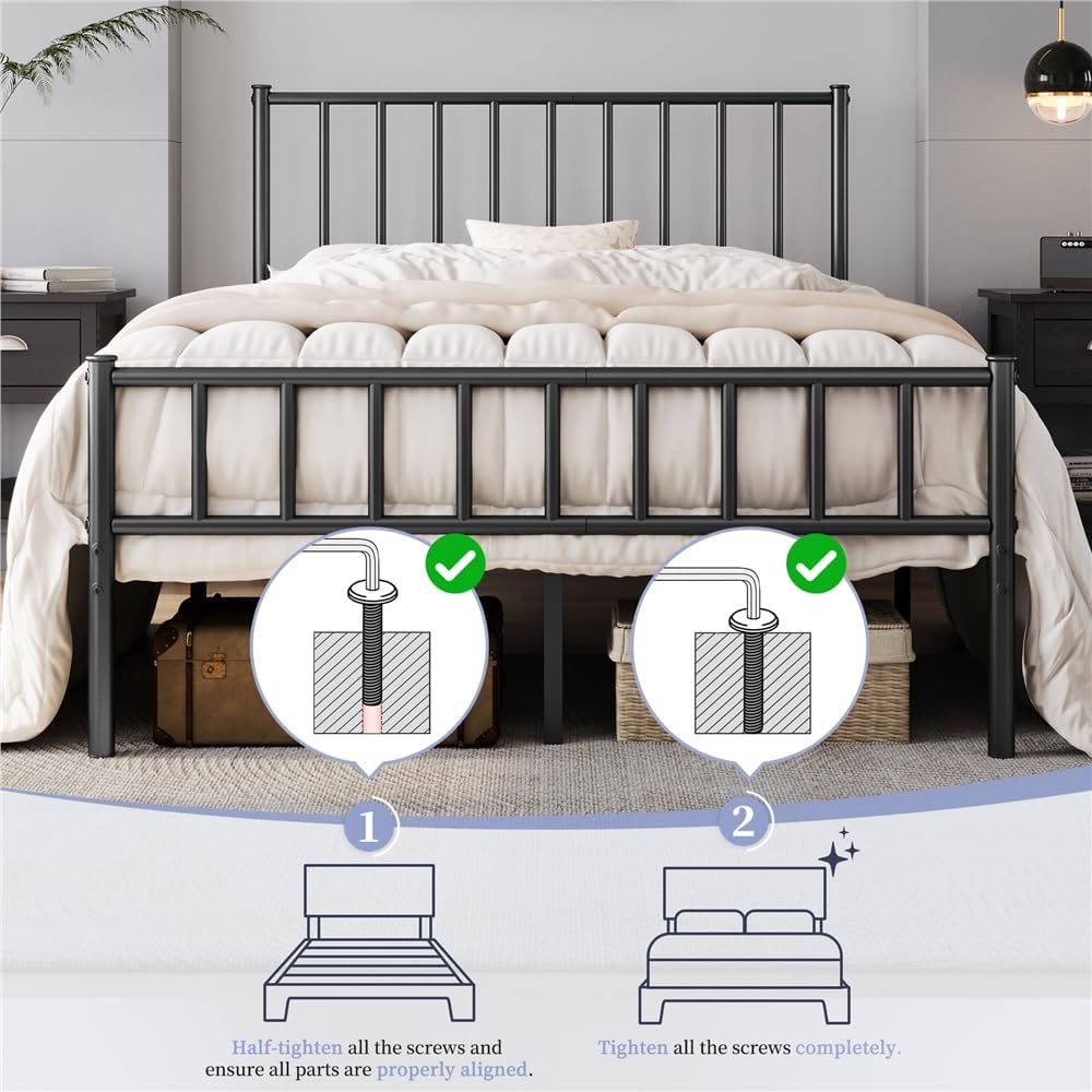 Yaheetech 14 Inch Full Size Bed Frame Metal Platform Bed with Spindle Headboard Footboard/Mattress Foundation/No Box Spring Needed/Underbed Storage Space/Steel Slat Support/Easy Set up, Black