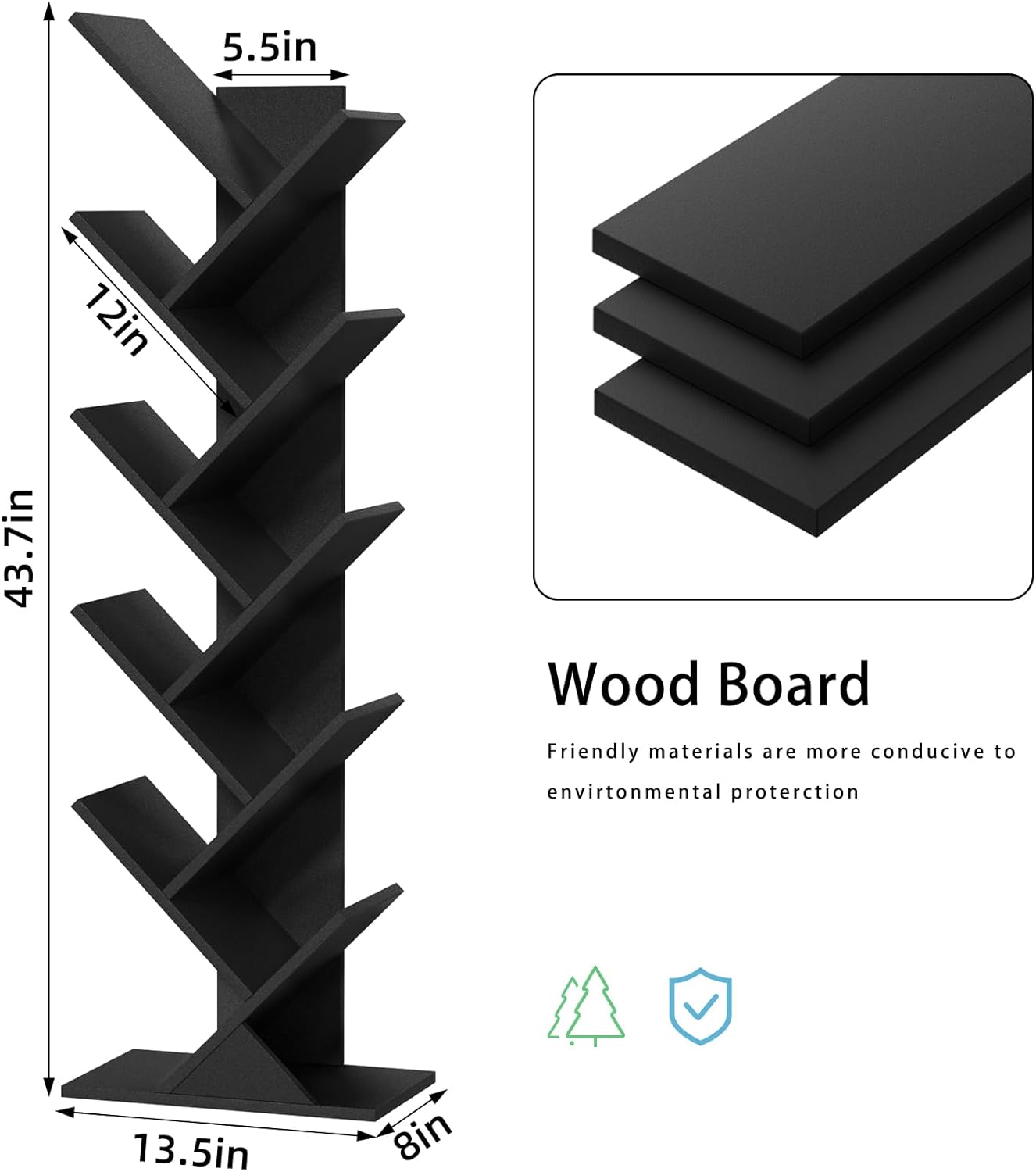 10 Tier Tree Book Shelf, Floor Standing Wood Bookshelf for Narrow Space, Storage Organizer Bookshelves for Books/CDs/Magazine, Bookcase with Shelves for Home Office, Living Room - Black