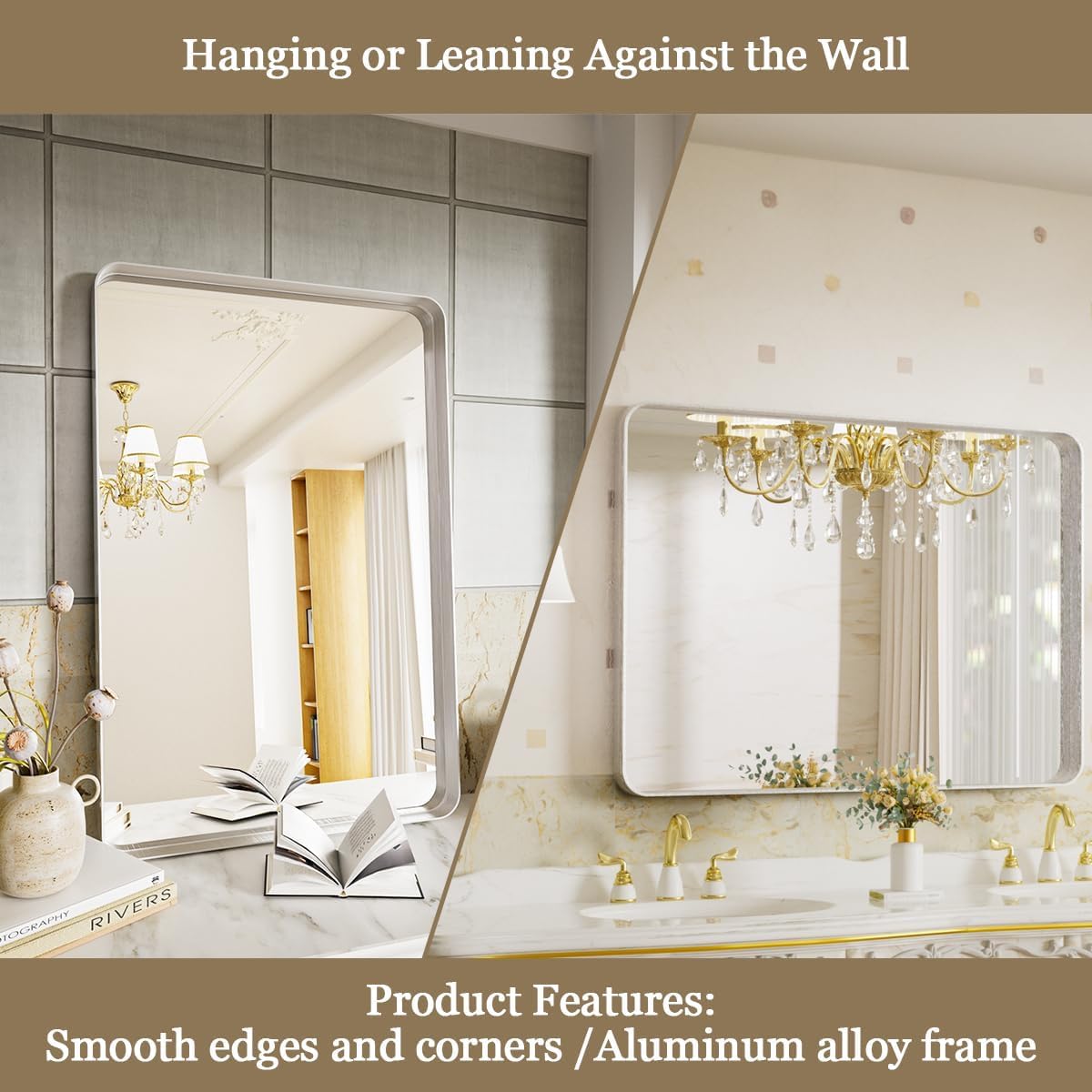 Bathroom Mirror 24x32 inch, Silver Gorgeous Deep Frame Wall Mirror, Modern Round Corner Bathroom Vanity Mirror for Bedroom, Living Room, Hanging or Leaning Horizontal or Vertical, Silver