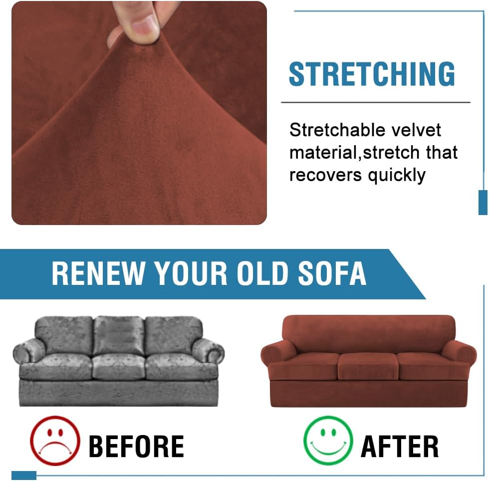 H.VERSAILTEX Sofa Cover 4 Piece T Cushion Sofa Slipcovers Thick Velvet Couch Cover Stretch T Cushion Sofa Covers for 3 Cushion Couch with 3 Individual T Cushion Covers Washable, Rust