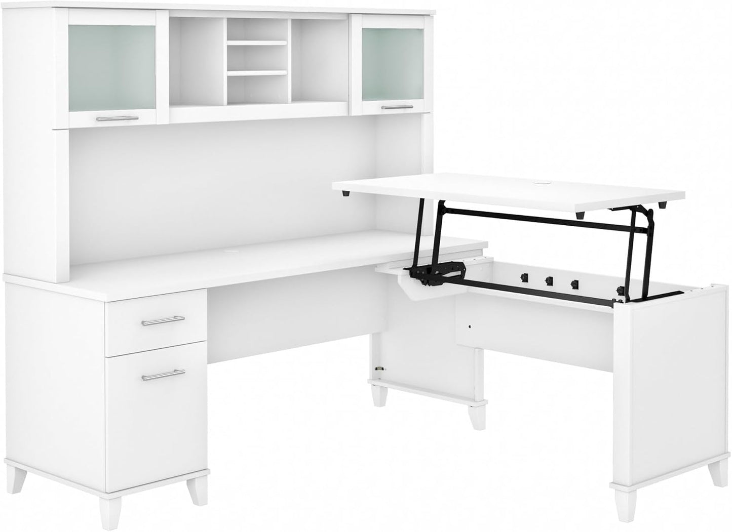 Bush Furniture Somerset 72W 3 Position Sit to Stand L Shaped Desk with Hutch in White
