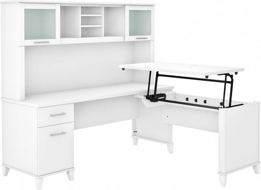 Bush Furniture Somerset 72W 3 Position Sit to Stand L Shaped Desk with Hutch in White