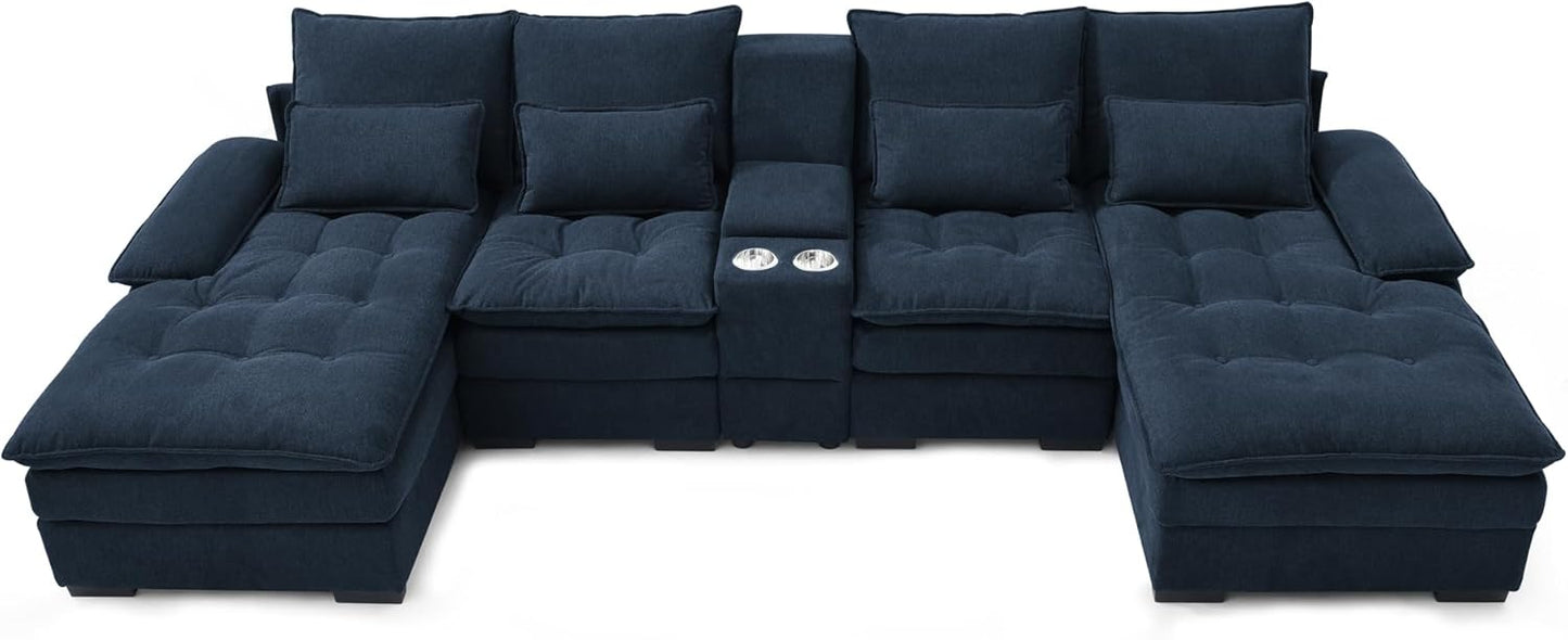 130" U-Shaped Sectional Sofa with Storage Console & Cup Holders, Upholstered 6 Seat Living Room Sleeper Couch Furniture Set w/Chaise, Cloud Cushion Couch for Home, Office, Apartment,Blue