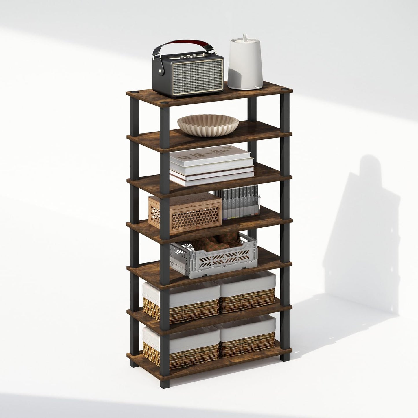 Furinno Turn-S-Tube 4-Tier Multipurpose Standing Shelves, Amber Pine/Black, Set of 2