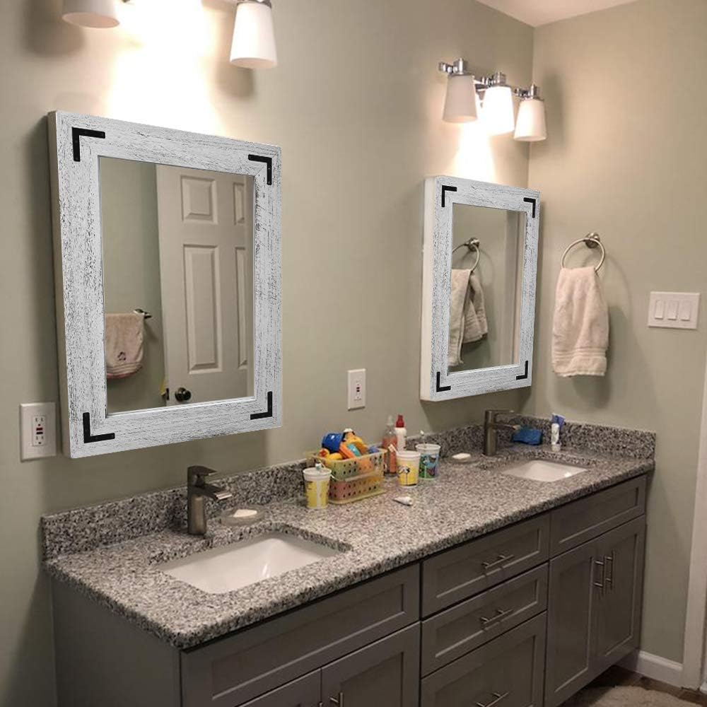 YOSHOOT Rustic Wooden Framed Wall Mirror, Natural Wood Bathroom Vanity Mirror for Farmhouse Decor, Vertical or Horizontal Hanging (26" x 18", White Grey)