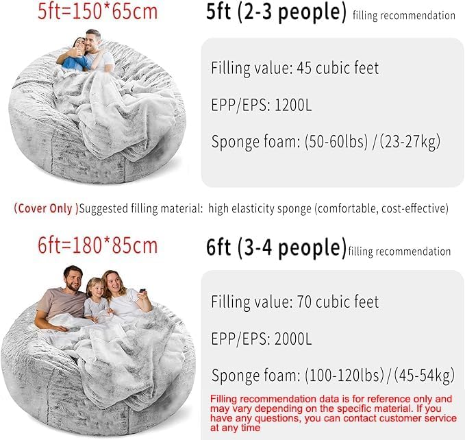 (No Filler) Bean Bag Chair Cover Without Filler,Big Round Soft Fluffy PV Velvet Washable Bean Bag Lazy Sofa Bed Cover for Adults,Living Room Bedroom Furniture Outside,6ft Dark Grey