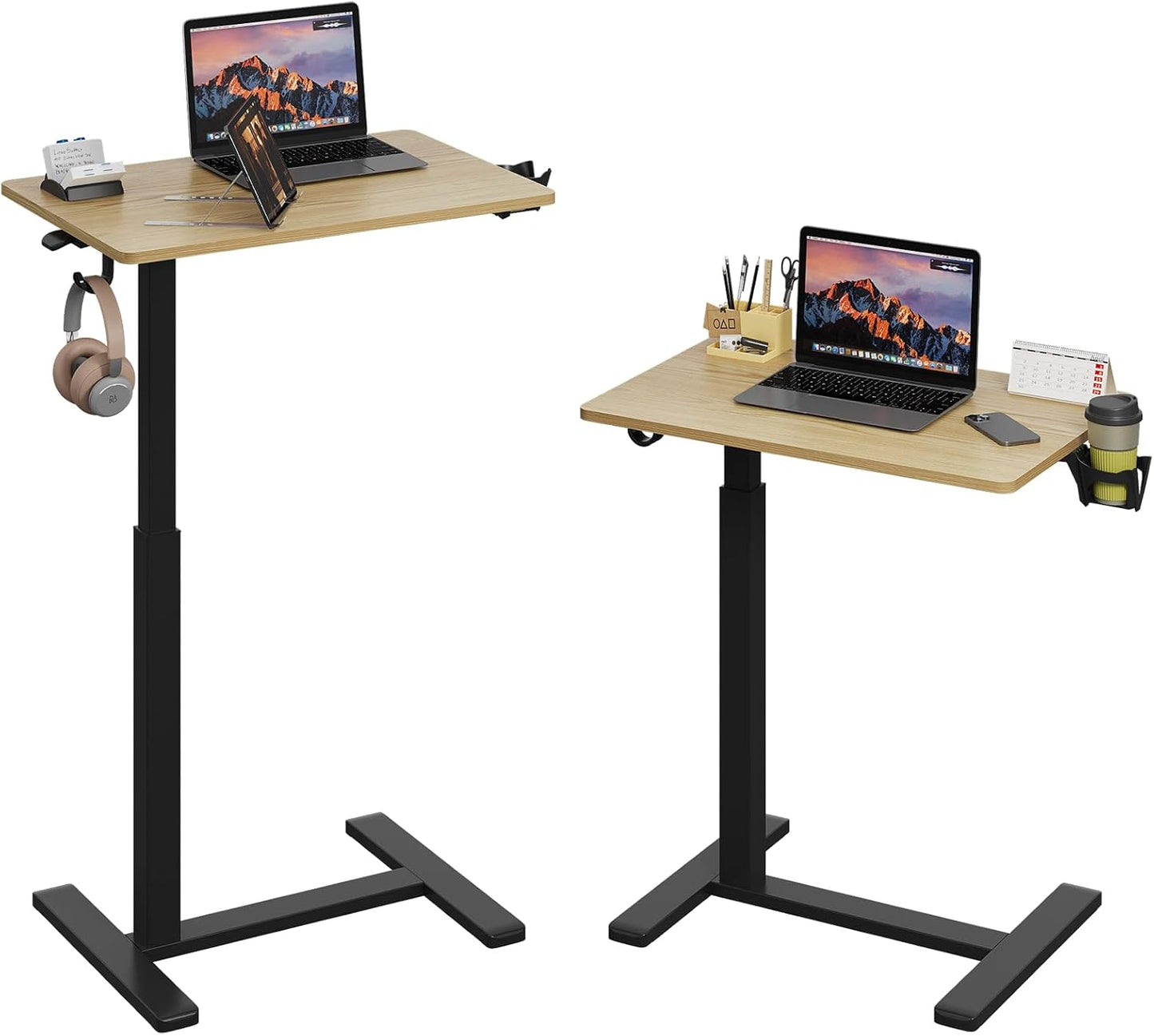 Gas Spring Adjustable Height Rolling Portable Laptop Desk, Mobile Standing Desk on Wheels, Small Sit Stand Desk with Laptop Stand/Cup Holder/Hook (Maple Top + Black Frame, 26"x19")