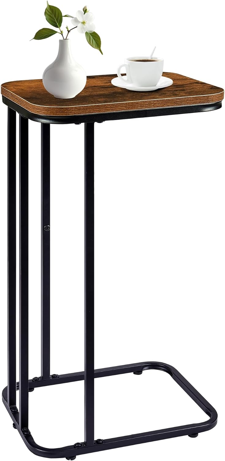 C Shaped End Table, 27 Inches High Small Side Table for Sofa and Bed, Couch Table That Slides Under, Tall Tv Tray Table for Living Room, Bedroom, Metal Frame, Rustic Brown & Black