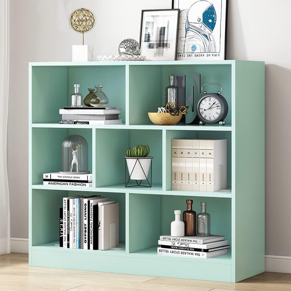 IOTXY Open Shelf Low Bookcase - Wooden 3-Tier Floor Standing Display Cabinet Organizer with Base, 7 Cubes Short Horizontal Bookshelf in Tiffany-Green