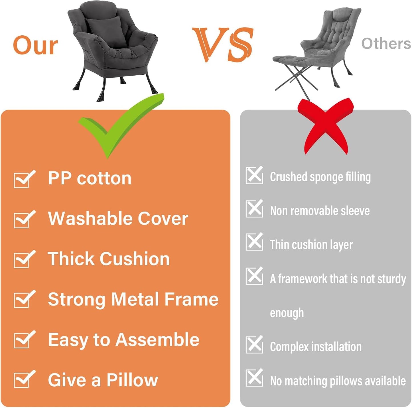 Lazy Chair with Pillow for Living Room, Modern Lounge Accent Chair with Armrests, Leisure Sofa Chair Set, Reading Chair for, Bedroom, Dorm Room, Office, Dark Grey