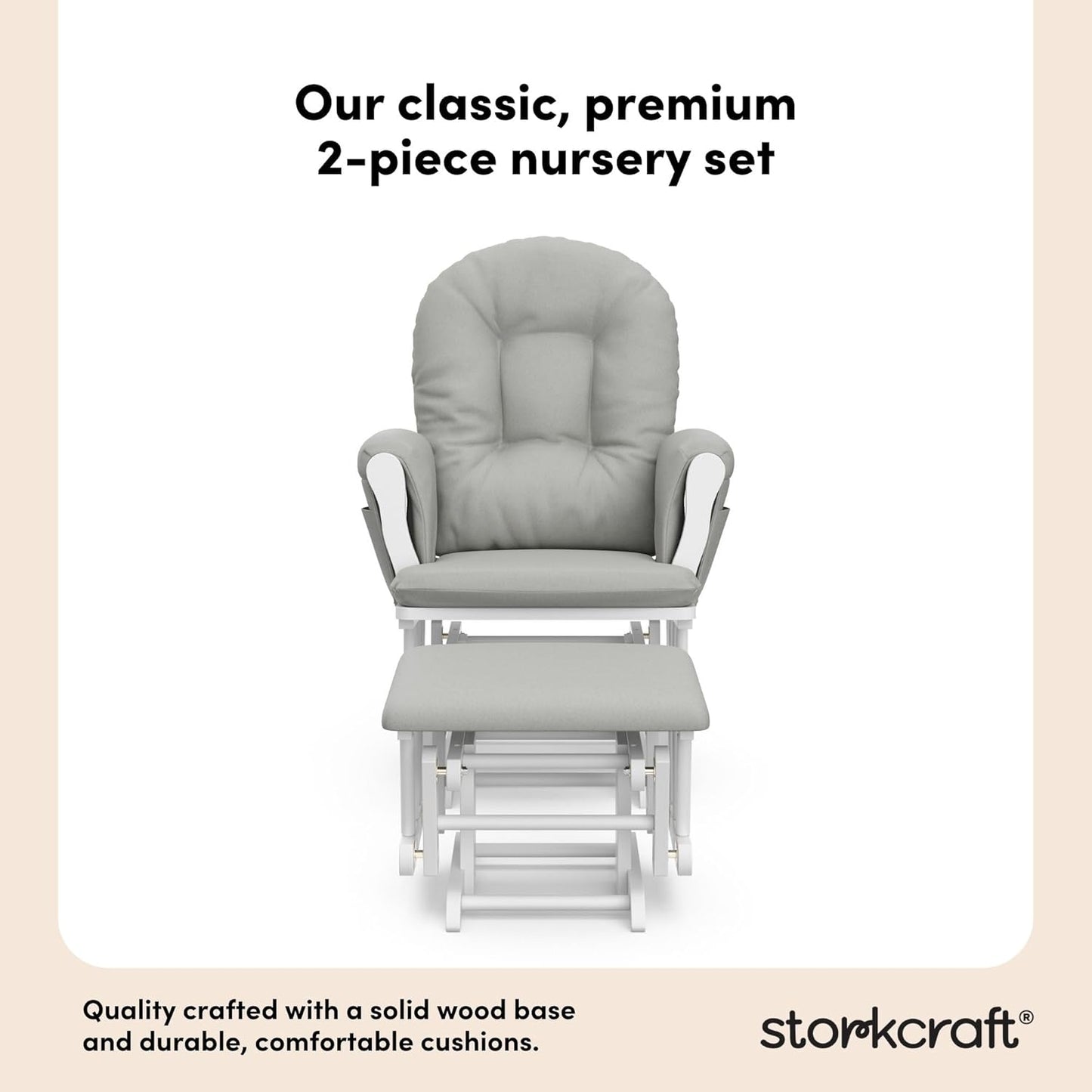 Storkcraft Premium Hoop Glider & Ottoman (White/Light Gray) — GREENGUARD Gold Certified Nursery Glider, Solid Wood Craftsmanship, Smooth-Gliding Nursery Chair and Ottoman, Award-Winning