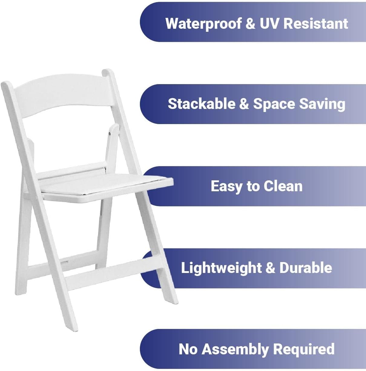 TentandTable White Resin Folding Chairs - Set of 2 Lightweight Stackable Chairs with Padded Seats - Durable 1000LB Capacity - Comfortable Indoor/Outdoor Event Chairs for Weddings, Parties, and More