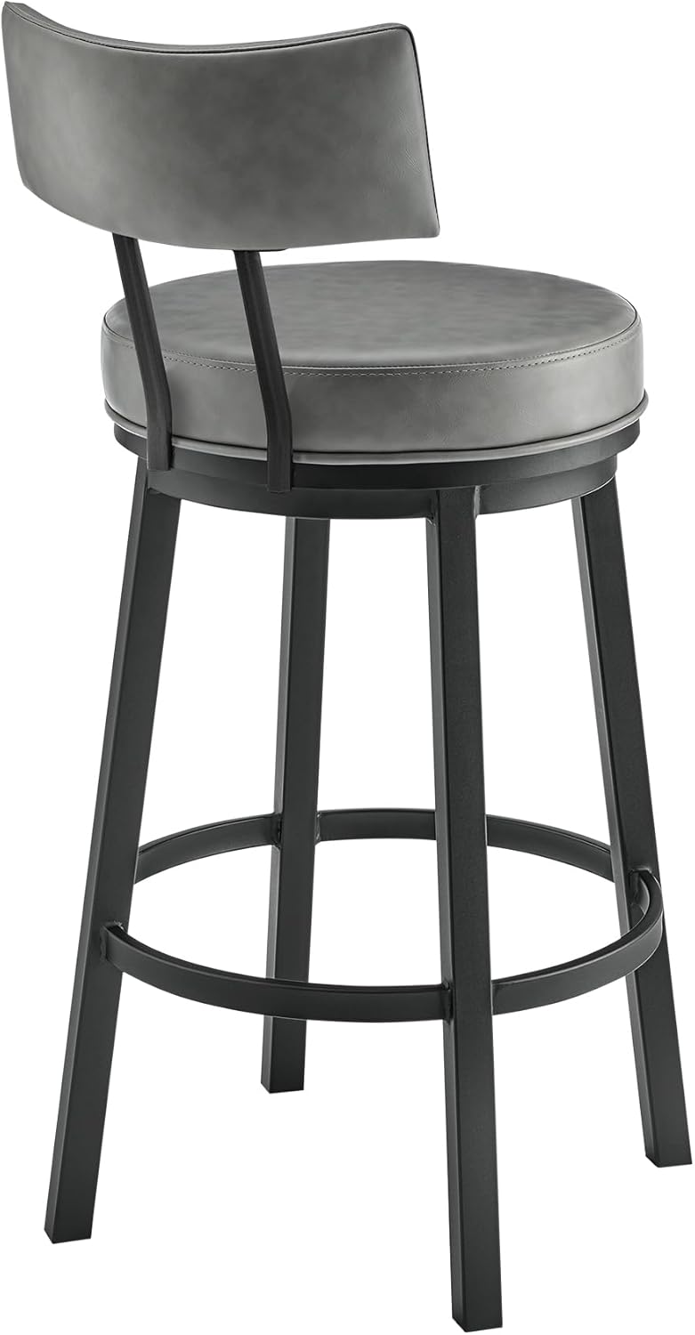 Armen Living Dalza Swivel Counter or Bar Stool in Black Finish with Grey Faux Leather