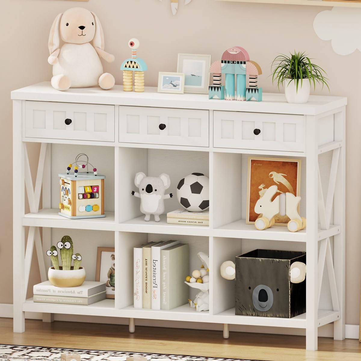 FATORRI 6 Cube Storage Bookshelf with 3 Drawers, Long Horizontal Bookcase, Modern Cubby Organizer Shelf (White Oak, 47 Inch)