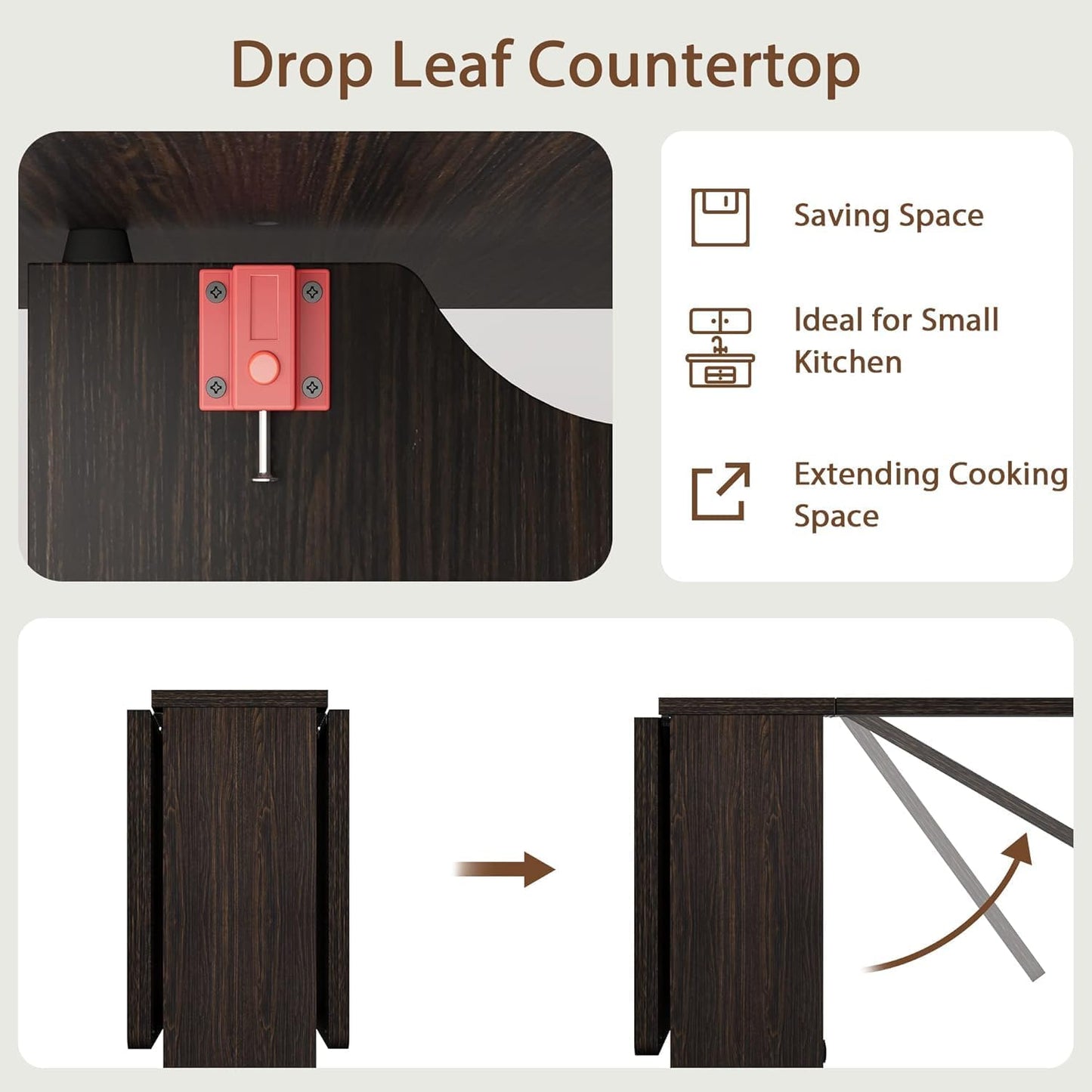 GarveeHome Folding Dining Table, Space Saving Farmhouse Dining Table for 4 Storage Shelf, 6 Wheels Multipose Expandable Kitchen Drop Leaf Table for Small Space (Dark Walnut, 50.1"D x 31.4"W x 29.5"H)