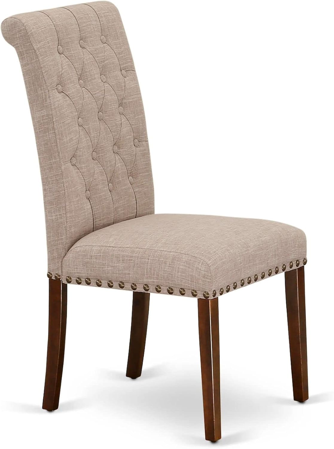 East West Furniture ESBR3-MAH-04 3 Piece Modern Dining Table Set Contains a Round Wooden Table with Pedestal and 2 Light Tan Linen Fabric Parson Dining Chairs, 30x30 Inch, Mahogany