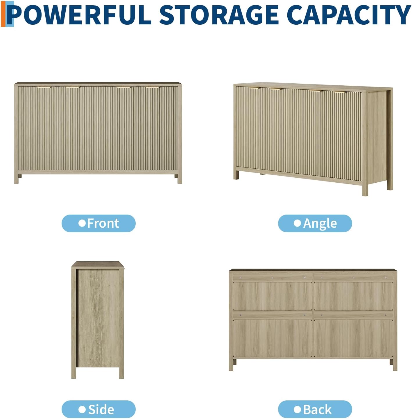 Buffet Cabinet with Storage, 55" Sideboard with 4 Doors and Adjustable Shelves, Modern Credenza Buffet Table Media Console for Dining Room Living Room Entryway, Oak