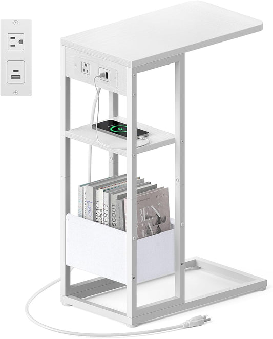 C Shaped End Table with Charging Station, Small Side Table for Couch Recliner, Slide Under Sofa Desk Snack Tables with Storage Bag & AC / USB Outlet, Small Spaces Drink Tables for Living Room, Bedroom