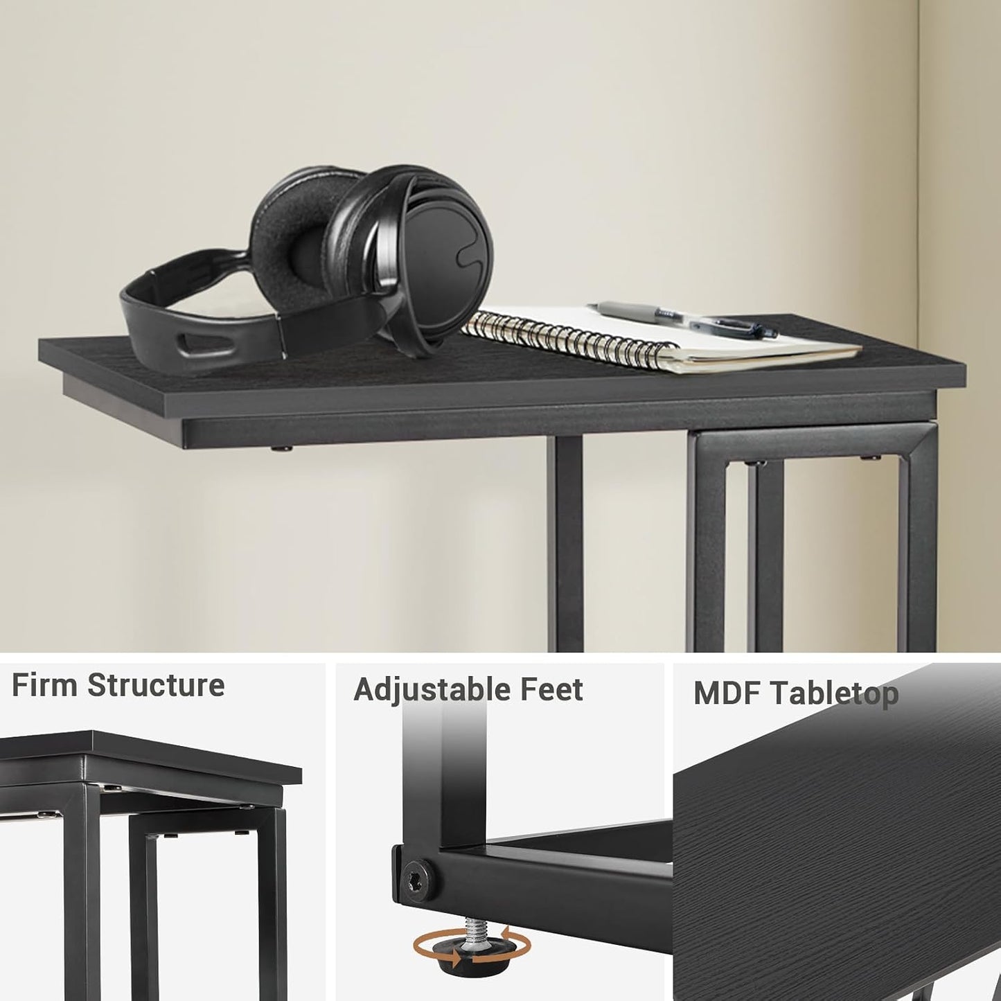 C-Shaped End Table, TV Tray Set of 2, Couch Side Laptop Desk, for Living Room, Bedroom, Small Spaces, Black, 2 Pack