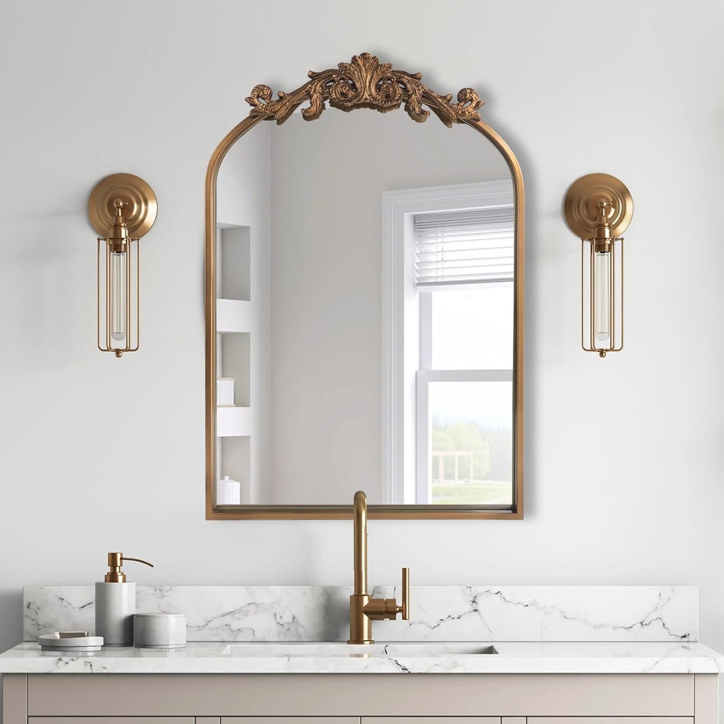 WAMIRRO Antique Mirror,Gold Traditional Vintage Ornate Baroque Arched Brass Wall Mounted Mirrors for Entryway/Fireplace/Living Room/Hallway/Bathroom 19"X27"