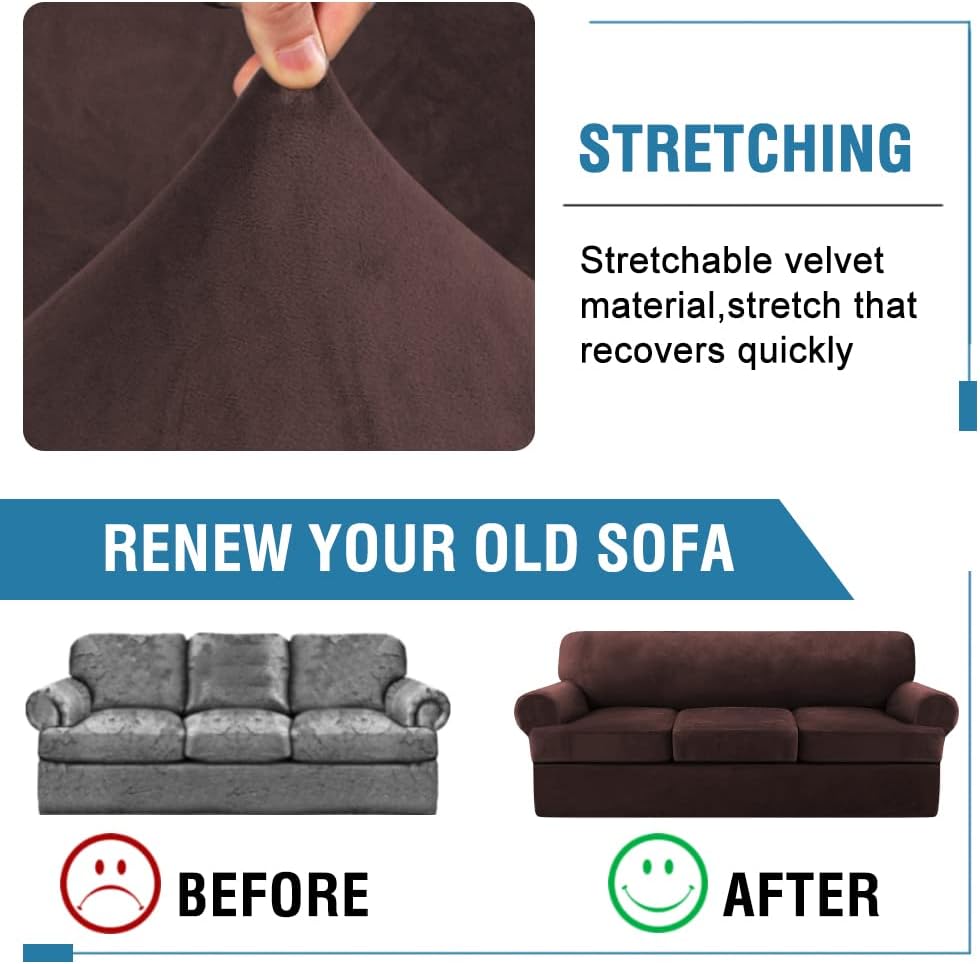 H.VERSAILTEX Sofa Cover 4 Piece T Cushion Sofa Slipcovers Thick Velvet Couch Cover Furniture Protector Stretch T Cushion Sofa Covers for 3 Cushion Couch with 3 Individual T Cushion Covers, Brown
