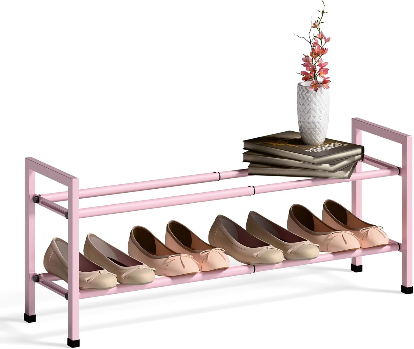 Bumusty 2-Tier Expandable Shoe Rack for Closet, 18“-33” Adjustable Shoe Rack for Small Space, Small Shoe Organizer for Front Door, Sturdy Metal, Pink