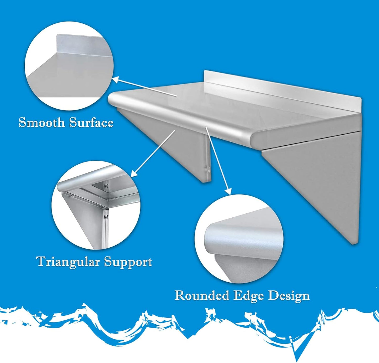 12''x24'' Wall Mounted Stainless Steel Shelf NSF Commercial Metal Wall Mount Floating Shelving for Kitchen, Restaurant, Food Truck,Garage,Washrooms,Home&Hotel