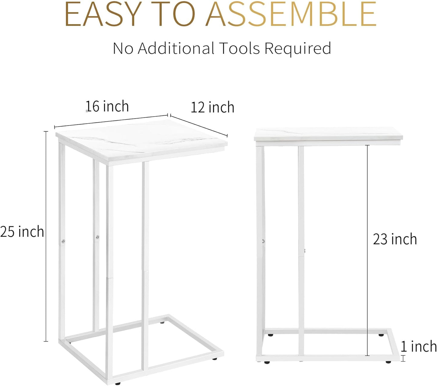 C Shaped End Table Set of 2 for Sofa and Bed, Slide Under Couch Tables, Side Table With Faux Marble Top, Small Under Table Tray for Living Room, Bedroom, White