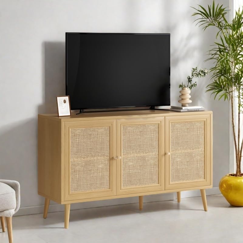 Rattan Entryway Table, Entertainment Center with Adjustable Shelf, Sideboard Buffet Cabinet with 3 Rattan Doors, Modern Console Cabinet with Large Storage for Living Room, Kitchen, Brown