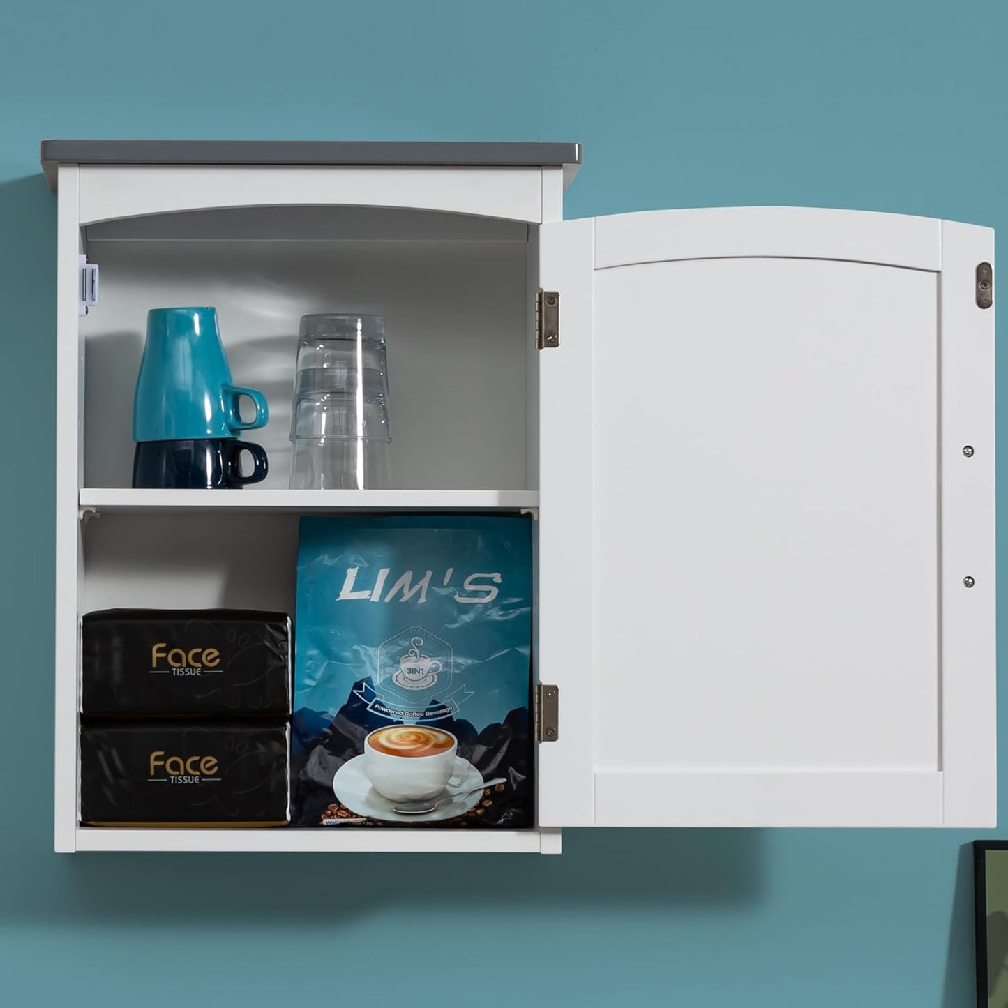 Bathroom Wall Cabinet 15 x 20 Inch Small Wall Cabinets Single Door Over Toilet Medicine Cabinet for Small Bathrooms - Matte White Finish with Gray Top, Soft Close Hinges